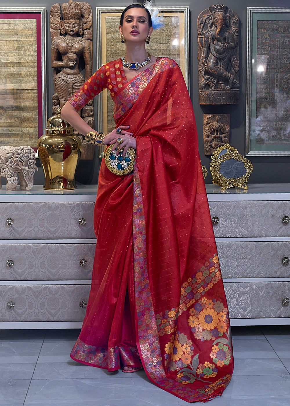 Rosewood Red Woven Dual Tone Organza Banarasi Silk Saree