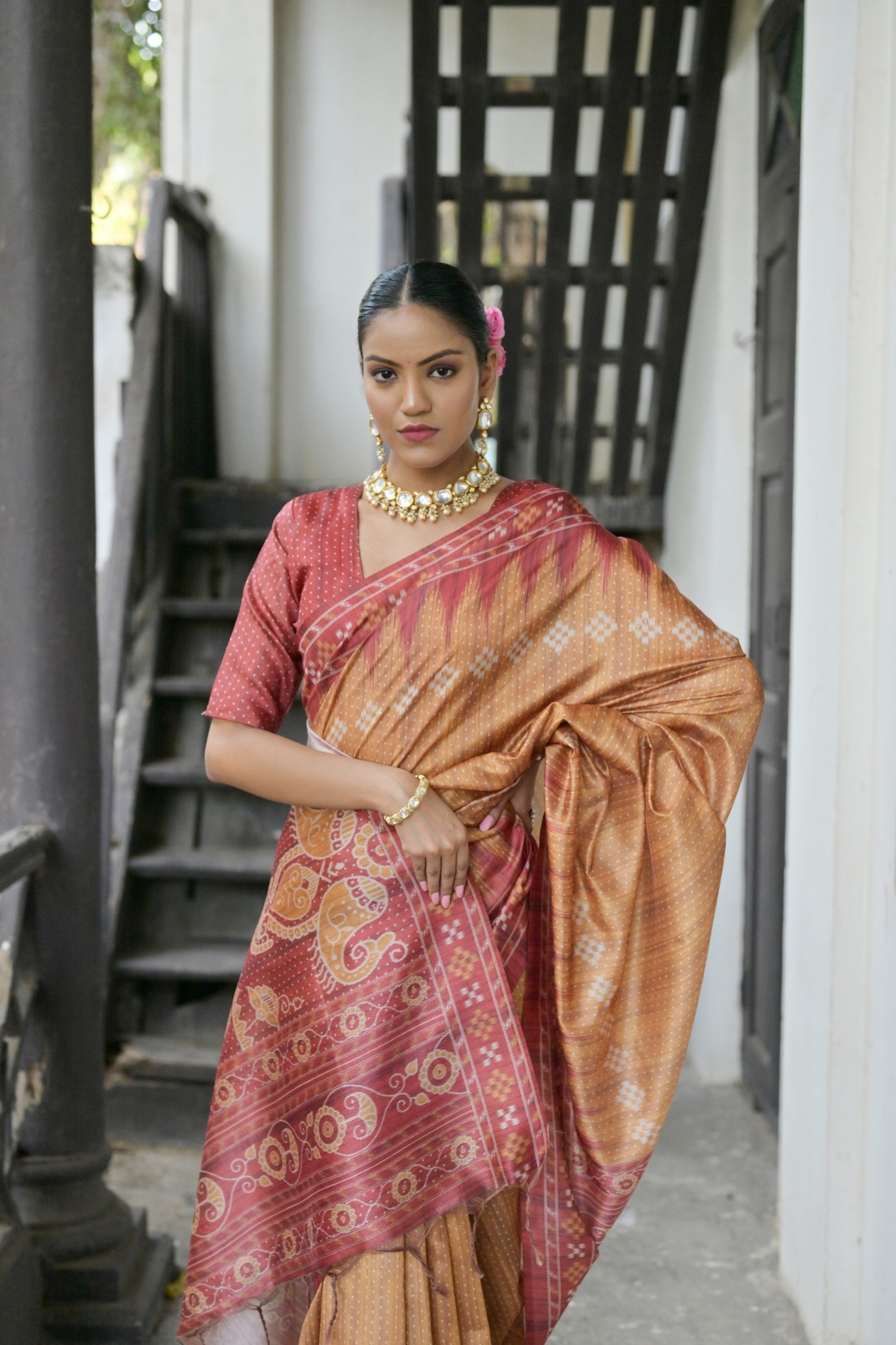 Twine Yellow Printed Tussar Silk Saree