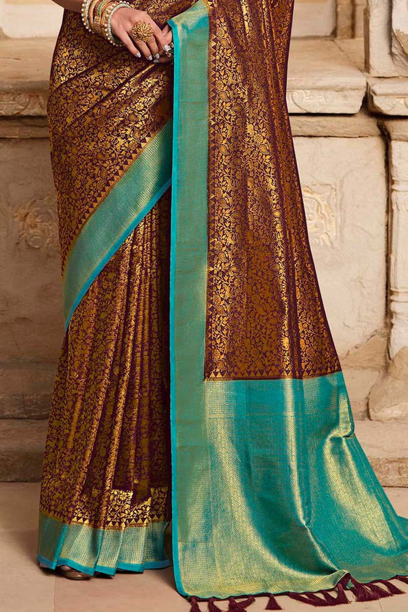 Redwood Brown and Blue Zari Woven Kanjivaram Saree