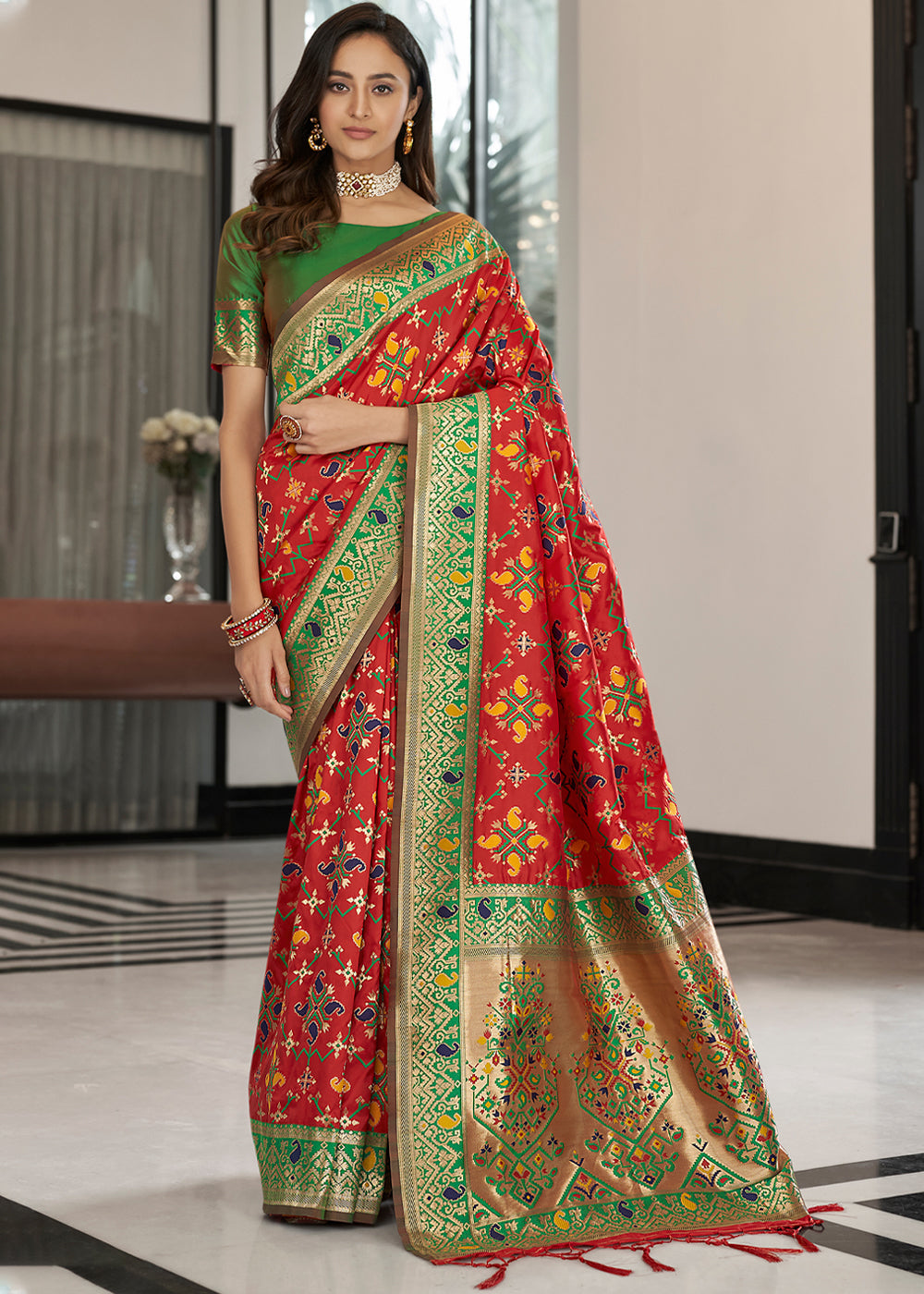 Jasper Red and Green Zari Woven Banarasi Patola Saree