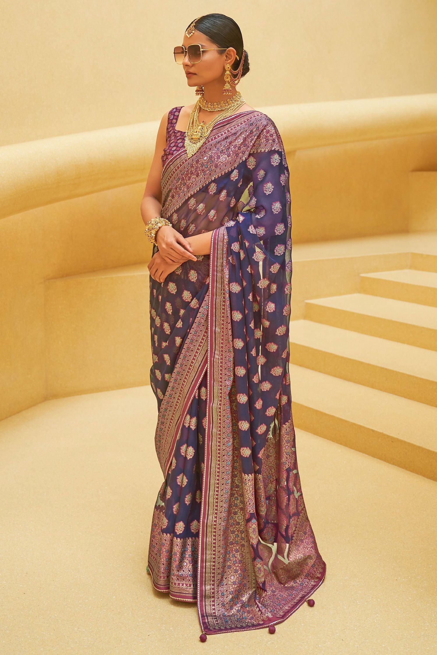 Mulled Purple Zari Woven Brasso Organza Saree