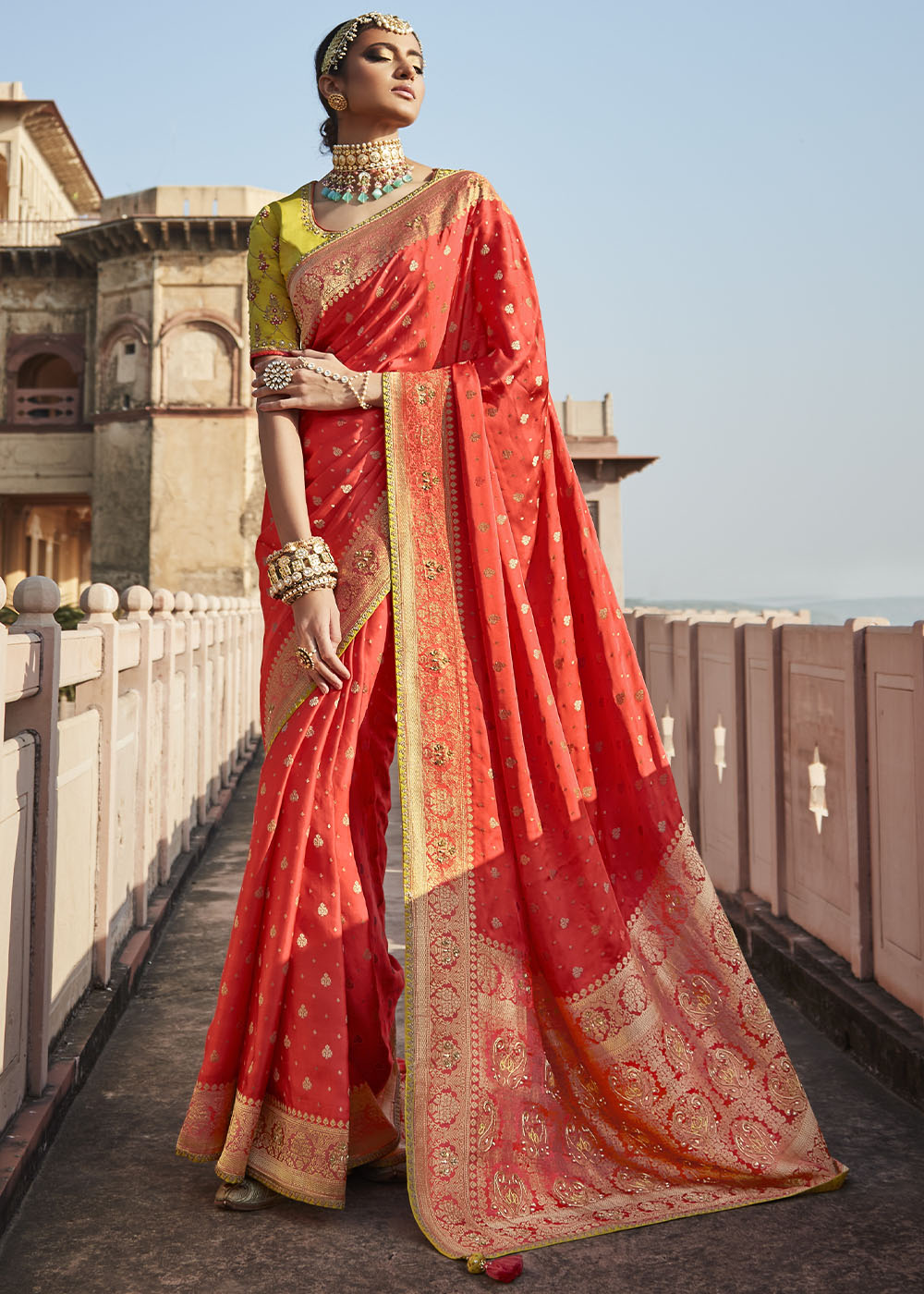 Punch Red and Yellow Zari Woven Banarasi Silk Saree with Embroidered Blouse