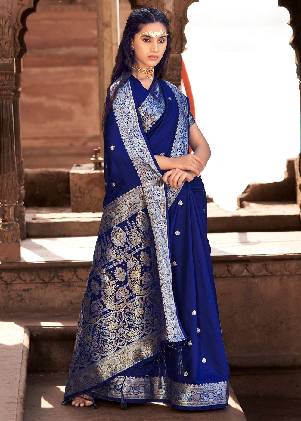 Astronaut Blue Woven Banarasi Satin Silk Saree