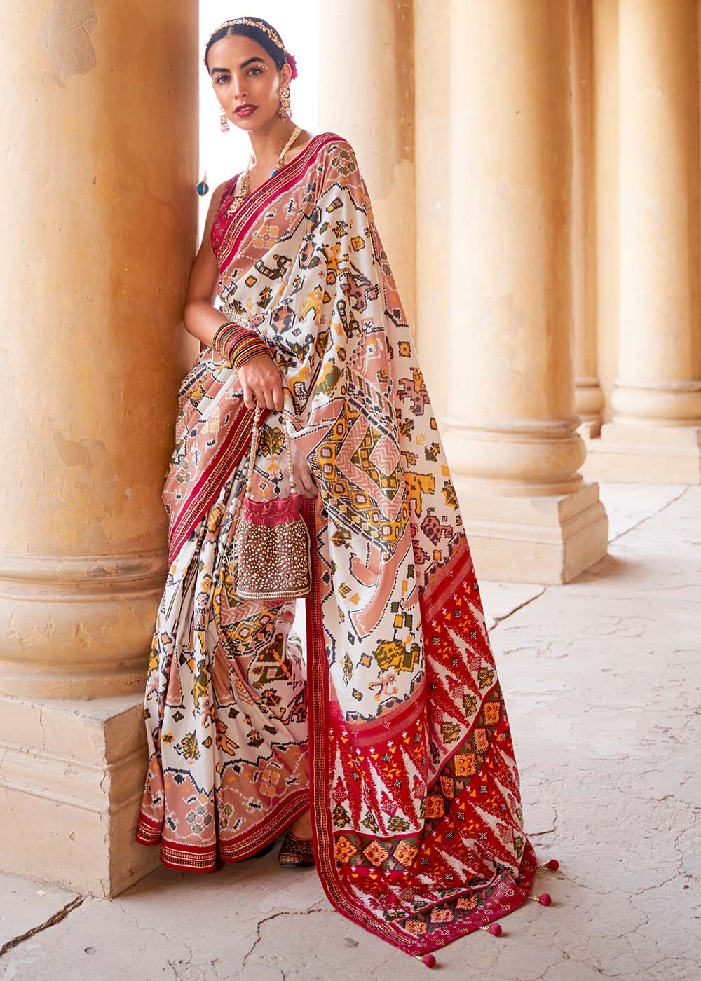 Sisal White and Red Printed Patola Saree