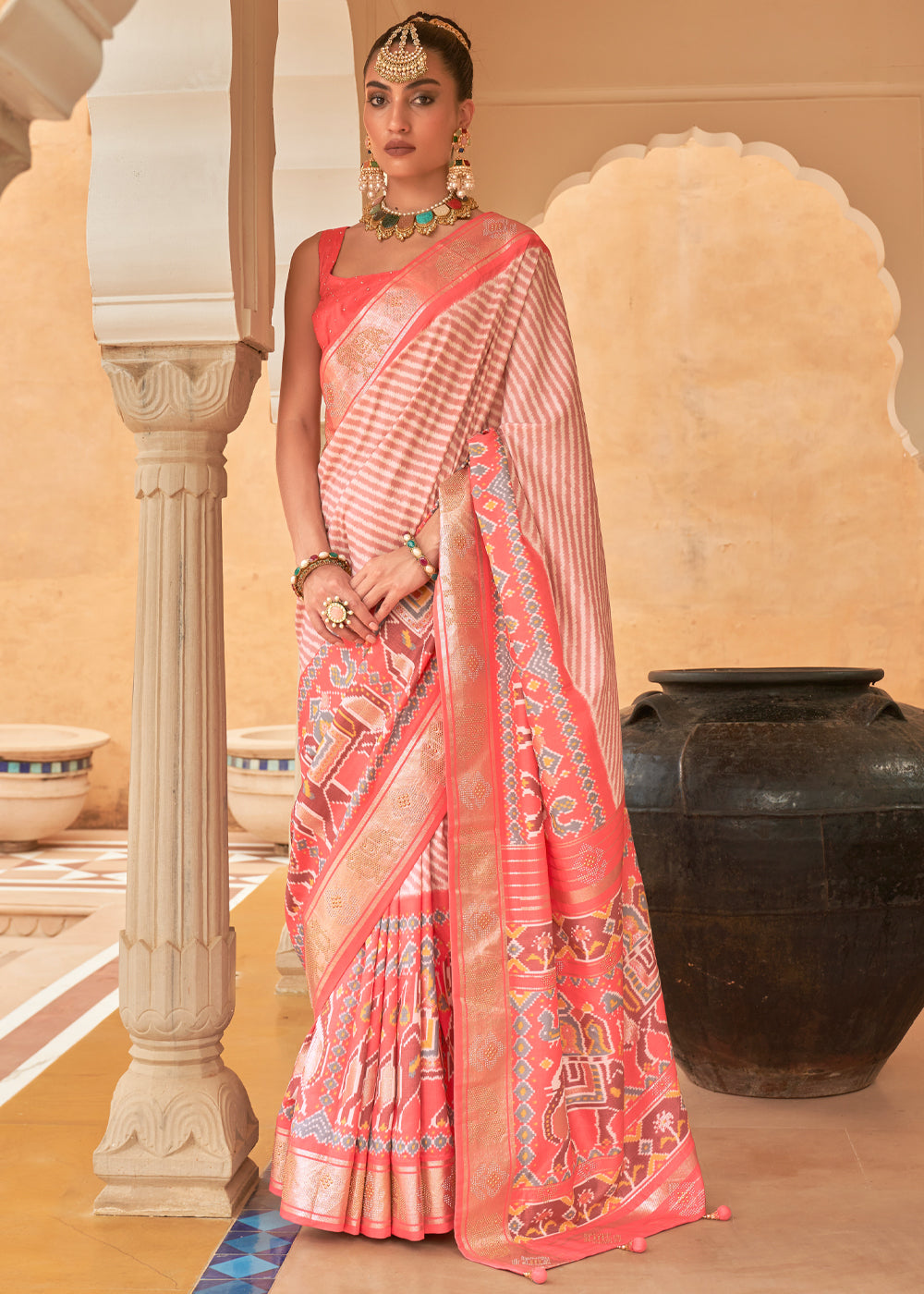 Froly Peach Patola Silk Saree