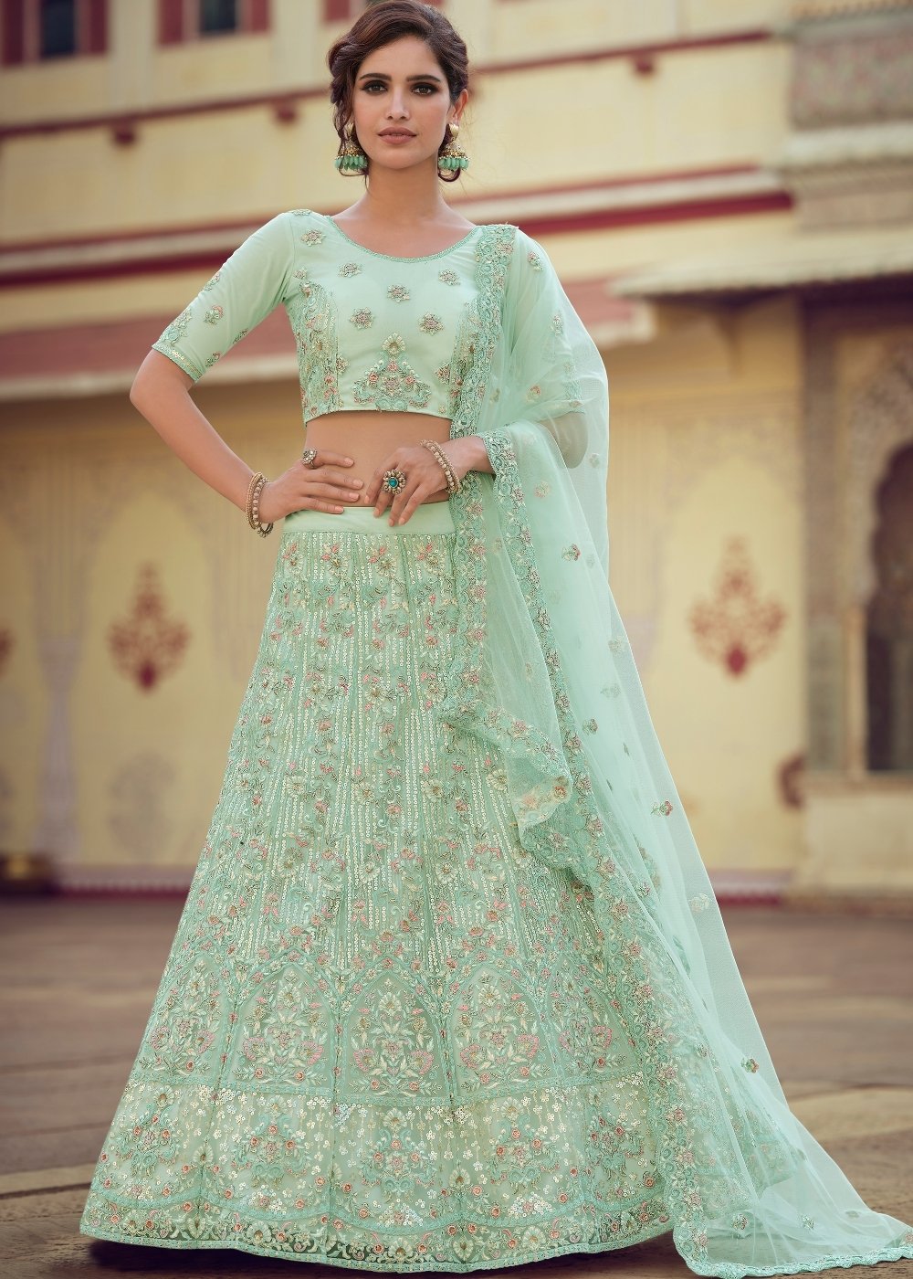 Norway Green Soft Net Designer Lehenga Choli