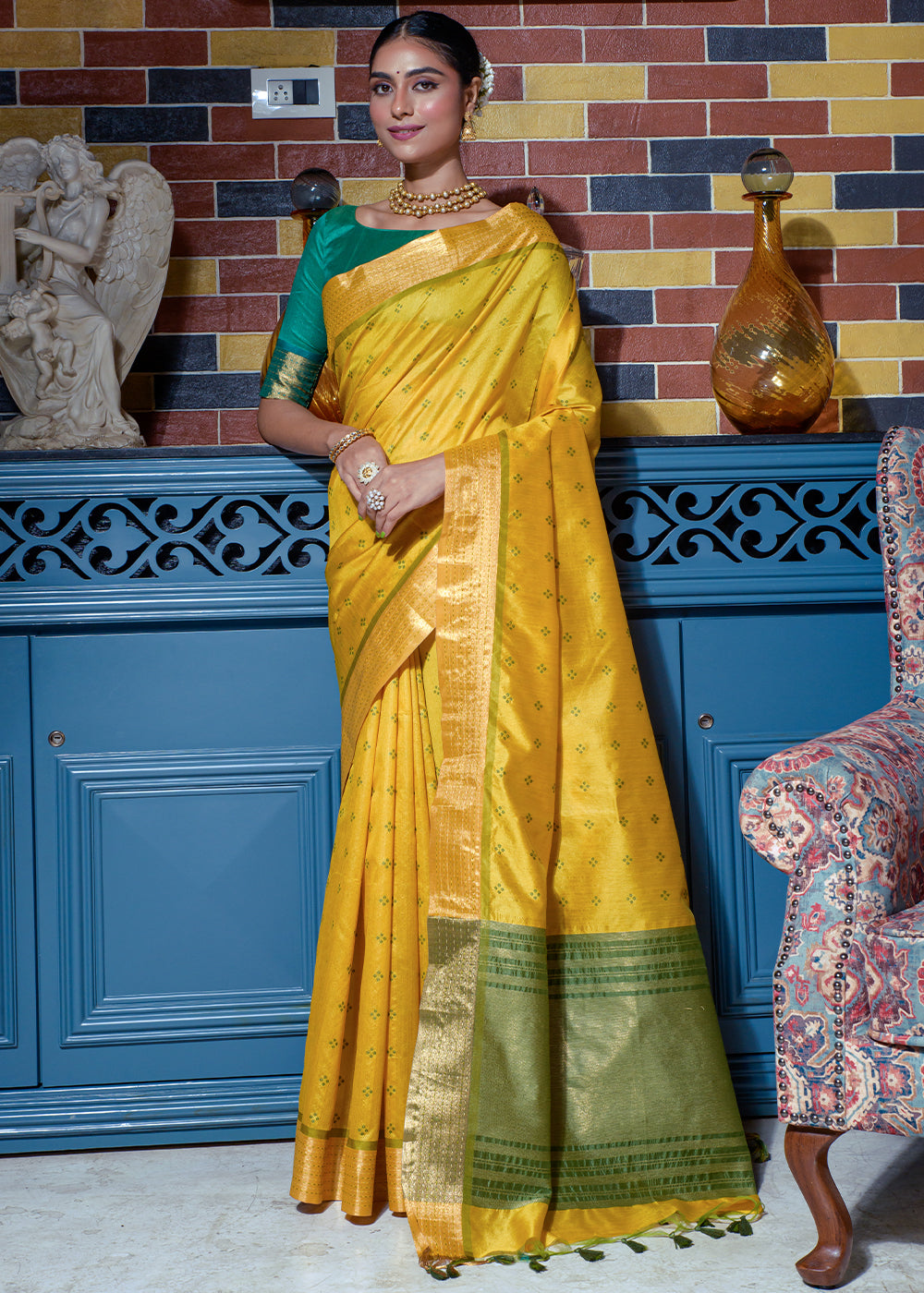 Anzac Yellow Woven Raw Silk Saree