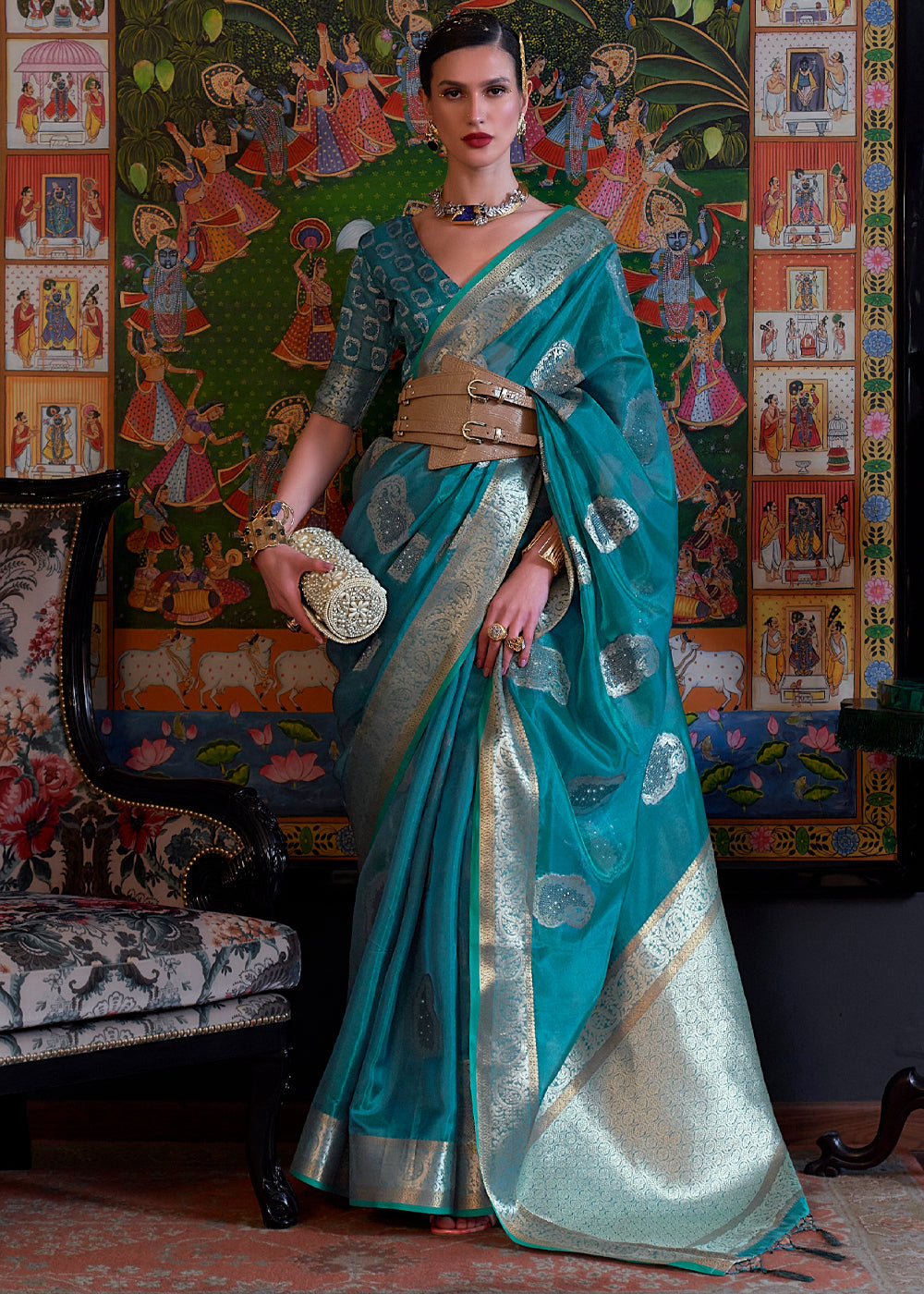 Metallic Seaweed Blue Woven Banarasi Organza Silk Saree