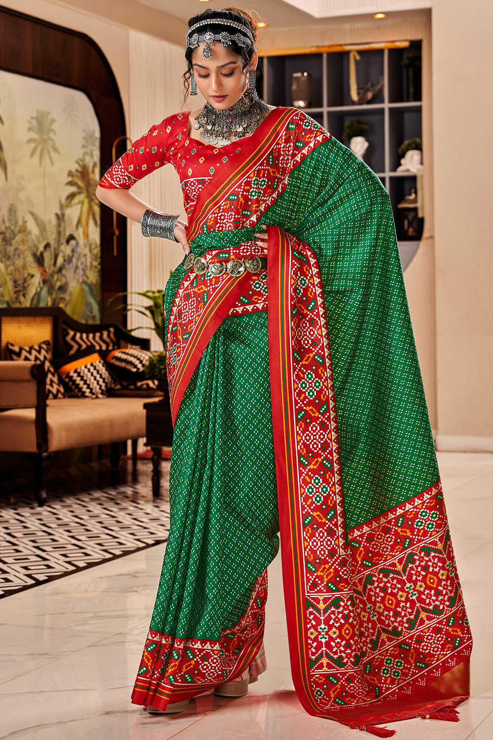 Amazon Green and Red Printed Patola Saree