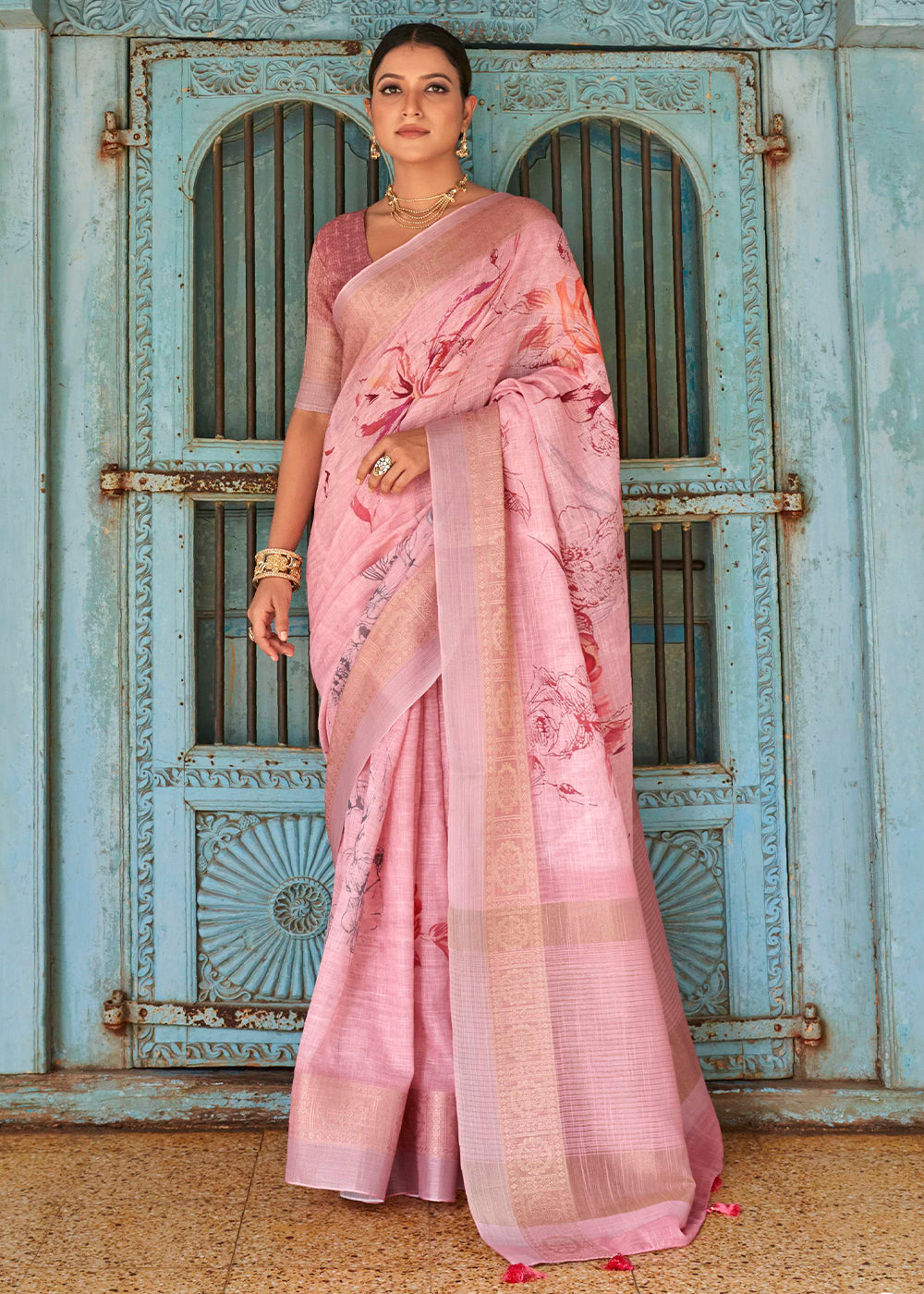 Pastel Pink Floral Printed Linen Silk Saree