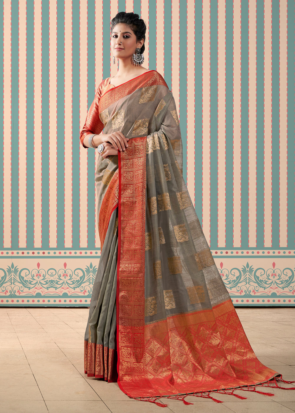 Stonewall Grey Zari Woven Banarasi Brocade Linen Saree