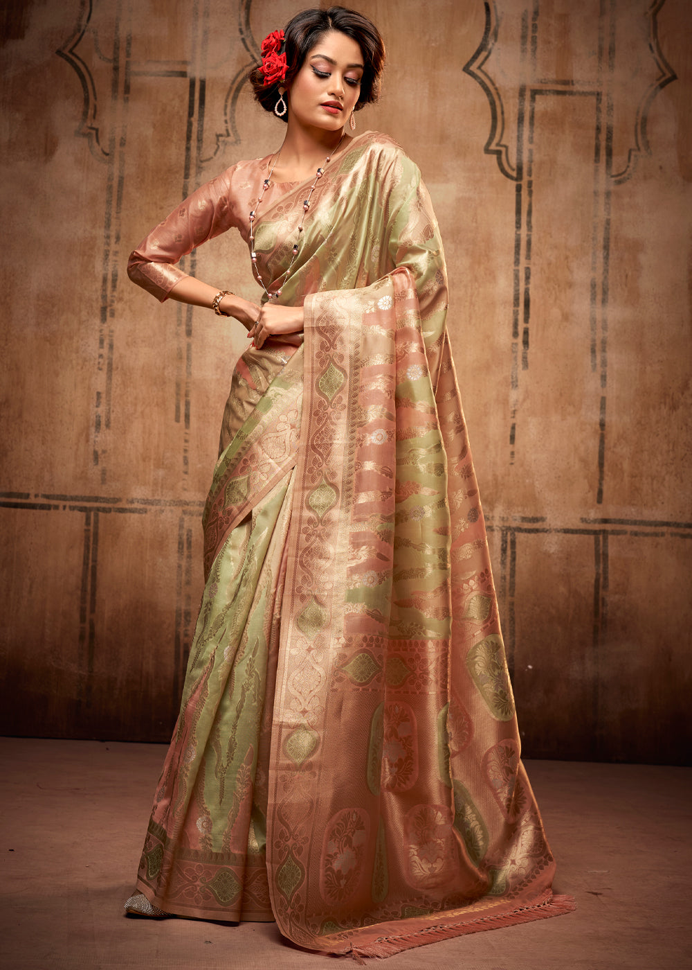 Barley Green and Peach Zari Woven Banarasi Organza Saree