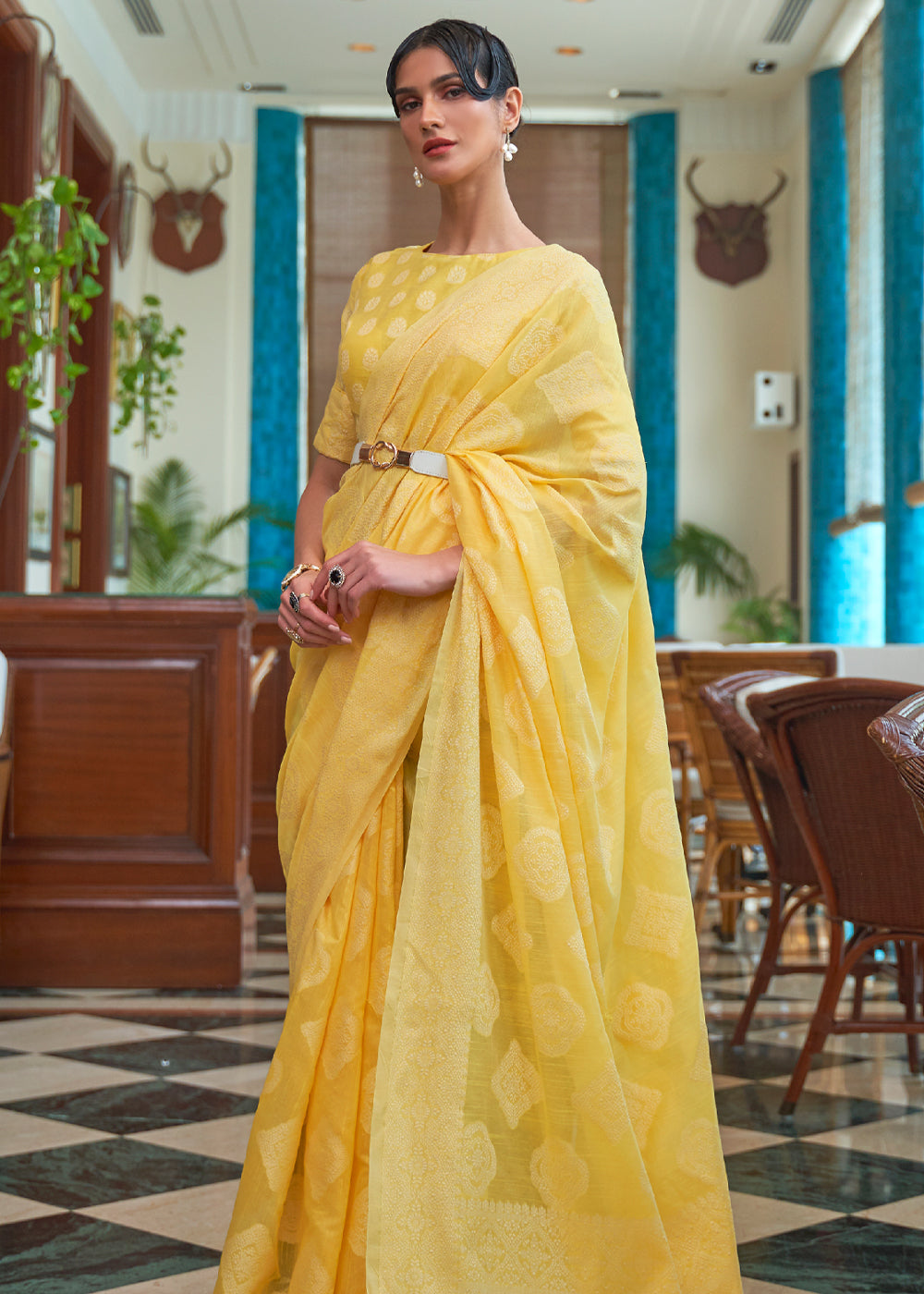 Anzac Yellow Lucknowi Chikankari Woven Saree