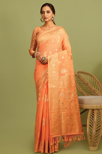 Sandy Brown Orange Zari Woven Linen Saree