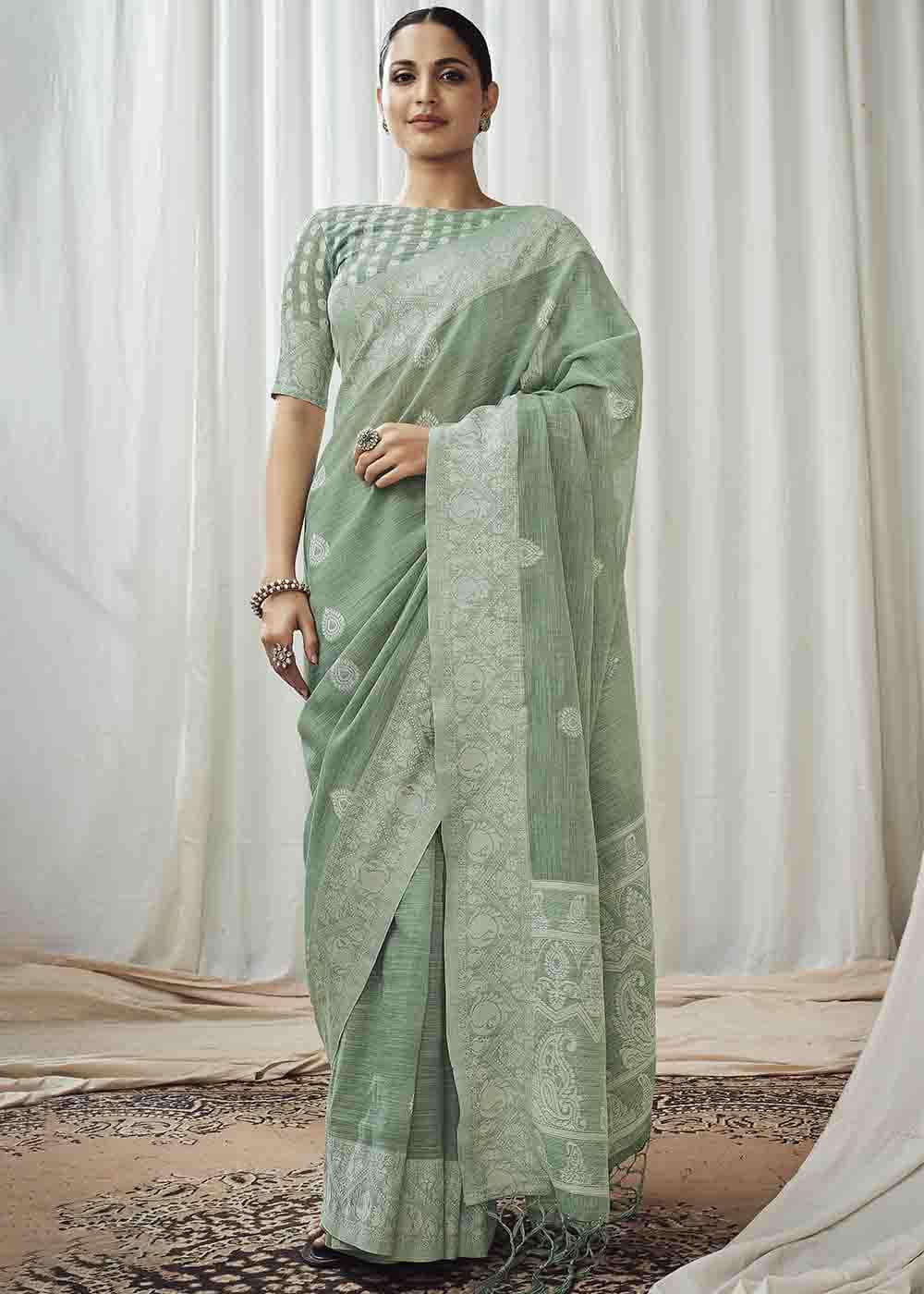 Spanish Green Chikankari Linen Saree