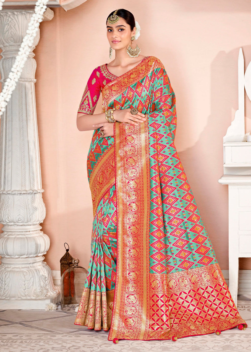 Summer Green and Red Zari Woven Banarasi Saree with Designer Blouse