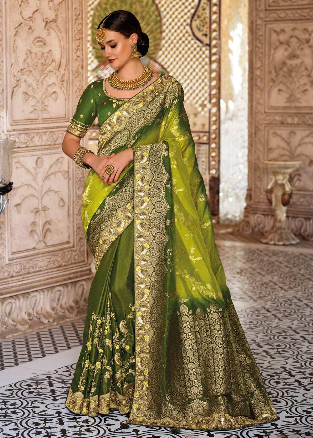 Fern Frond Green Zari Woven Designer Banarasi Saree