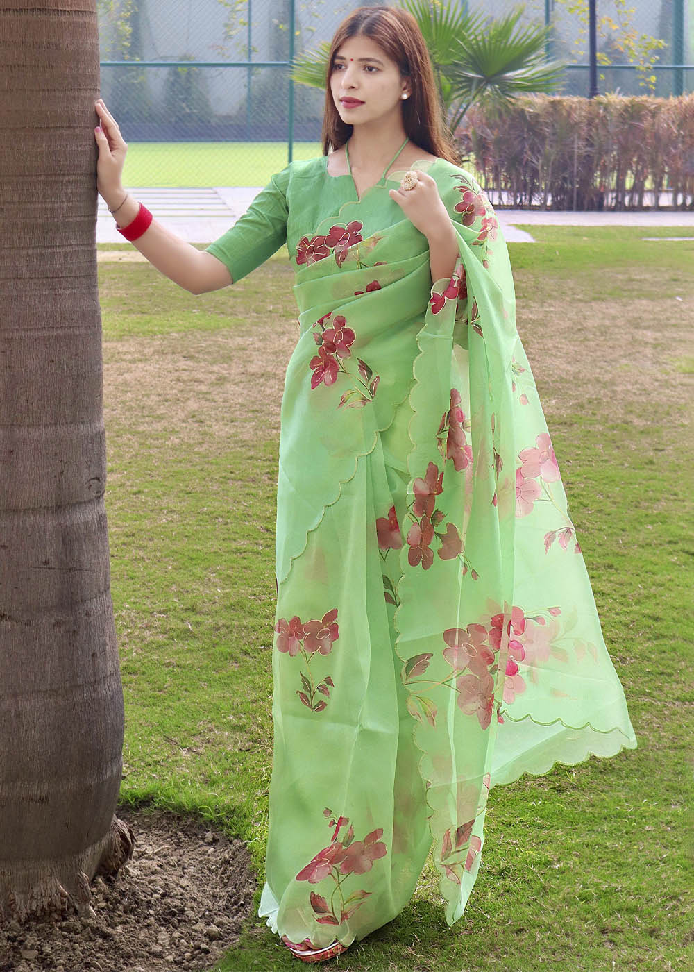 Smith Apple Green Digital Floral Print Organza Saree