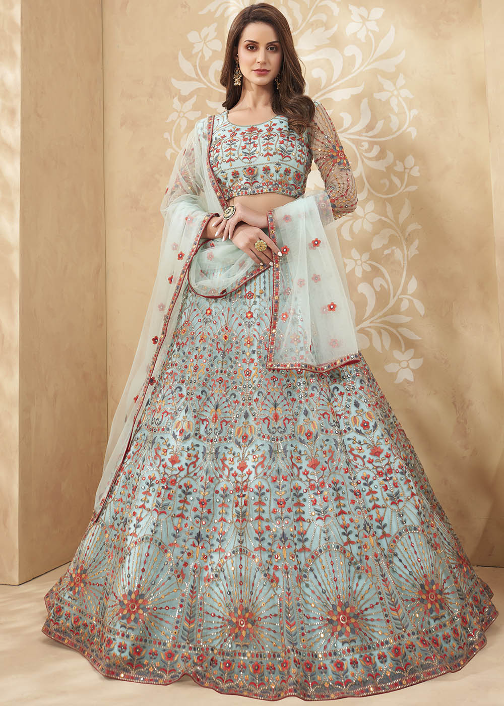 Celeste Blue Designer Net Lehenga with Multi Thread Embroidery Work