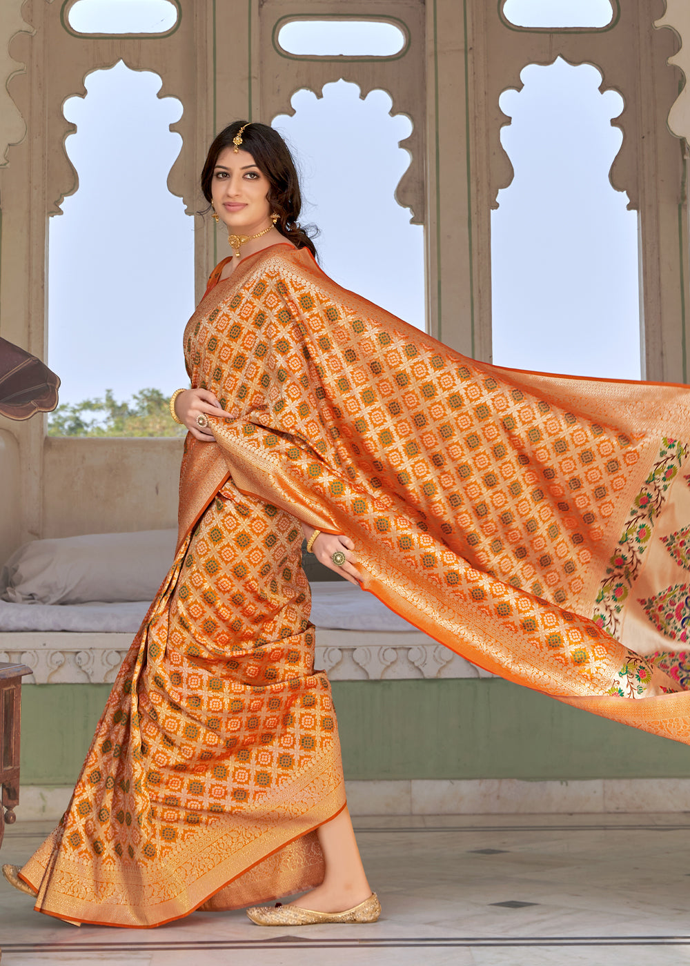 Damask Orange Zari Woven Banarasi Brocade Saree