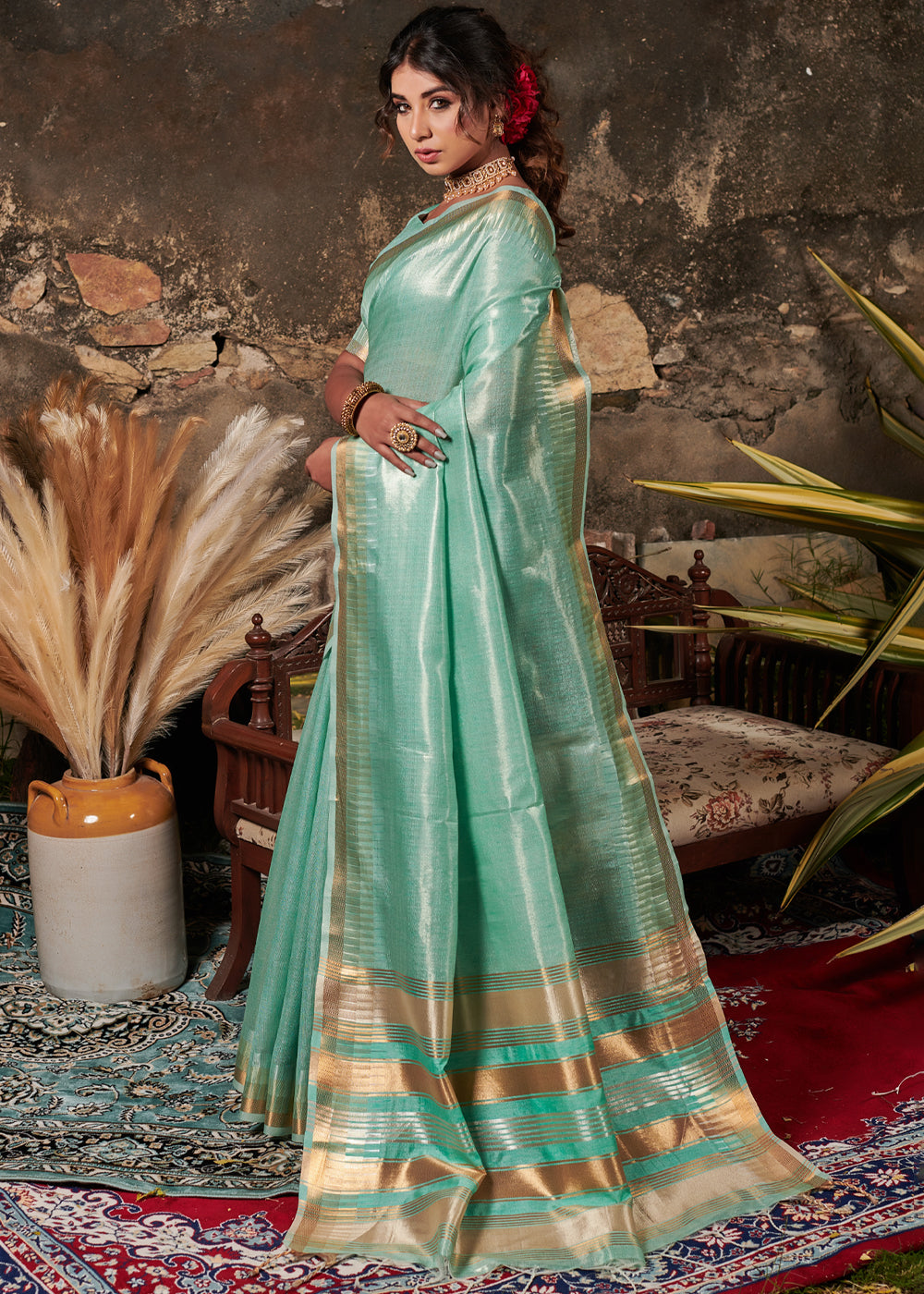 Acapulco Green Woven Tussar Silk Saree