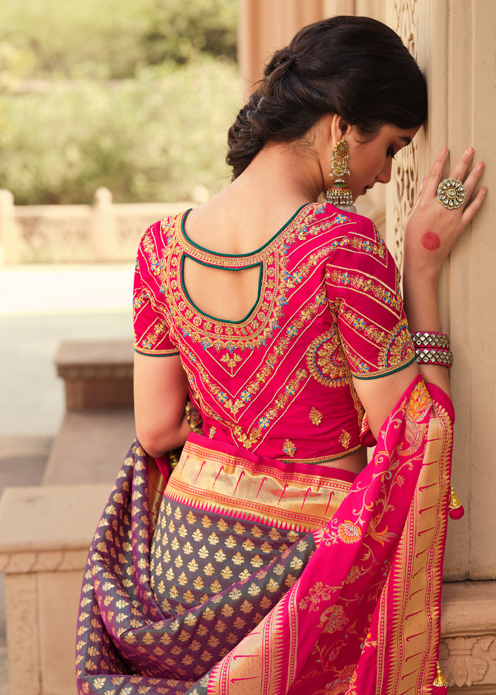 Spicy Purple and Pink Zari Woven Banarasi Saree with Designer Blouse