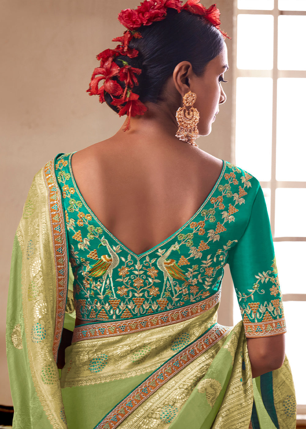 Green Smoke Banarasi Saree with Designer Blouse