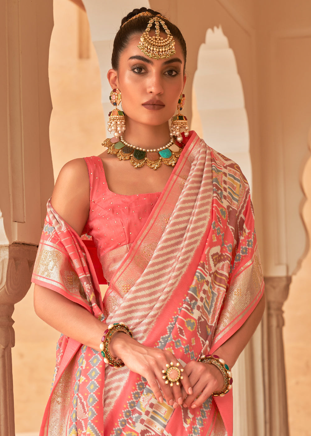 Froly Peach Patola Silk Saree