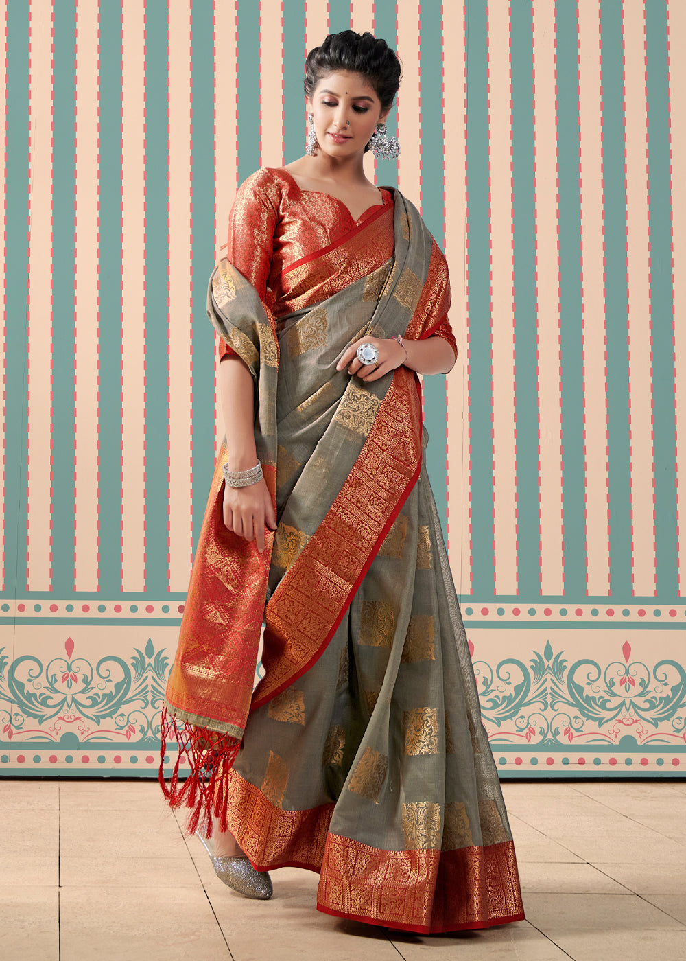 Stonewall Grey Zari Woven Banarasi Brocade Linen Saree