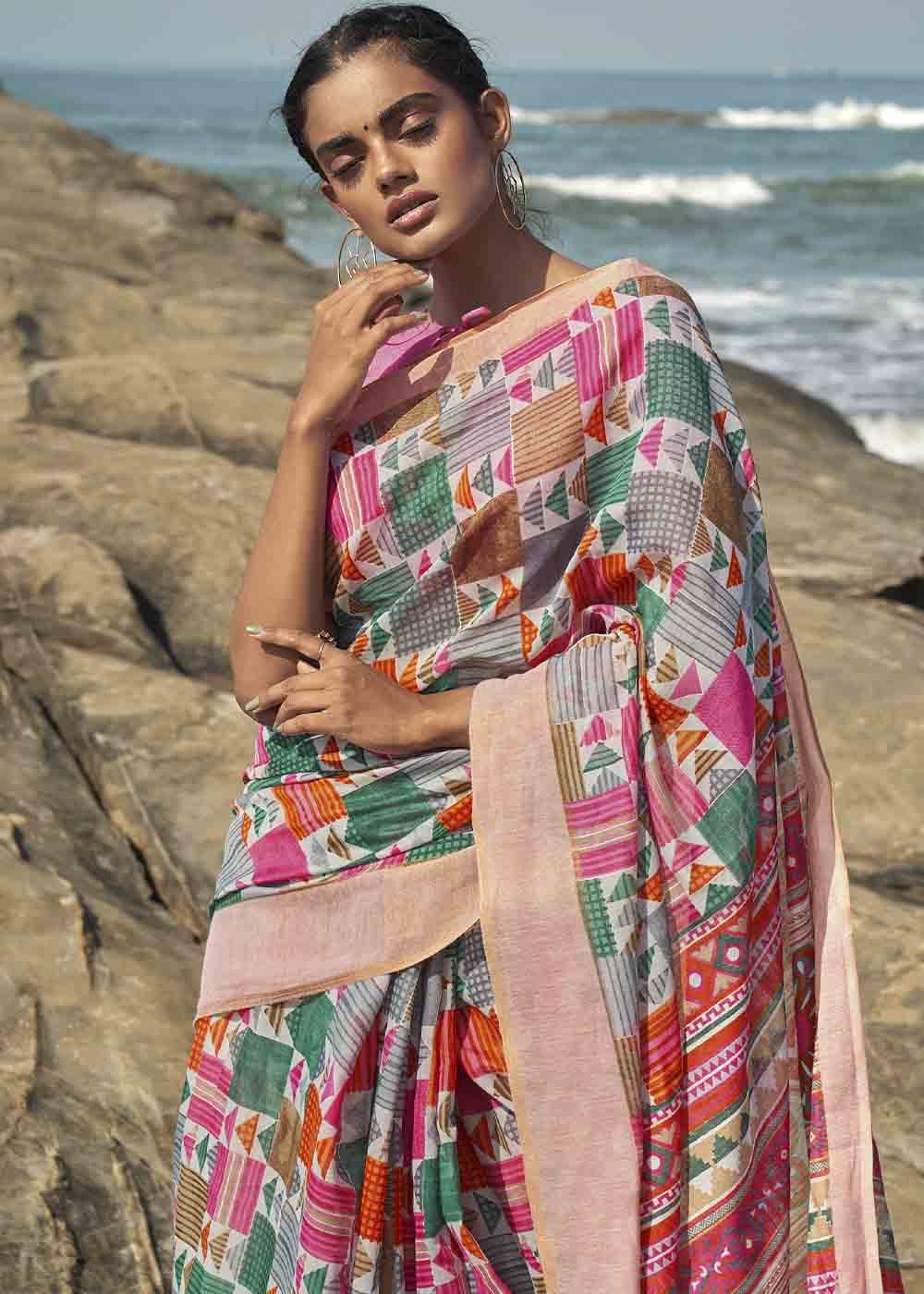 Cinnamon Multicolored Printed Cotton Saree