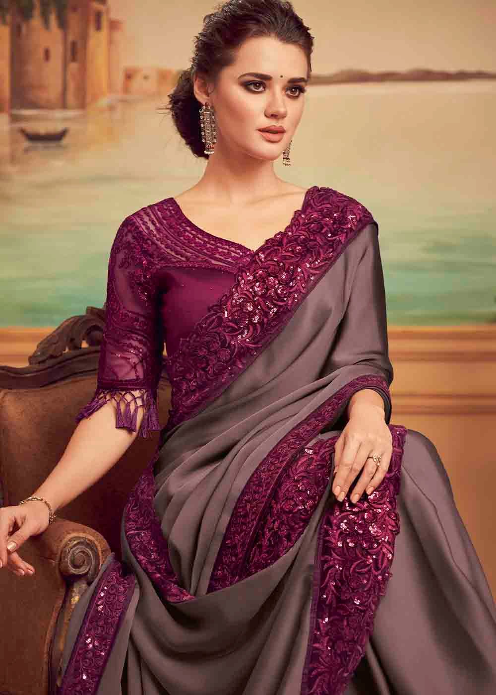 Ferra Grey Purple Embroidered Satin Silk Designer Saree