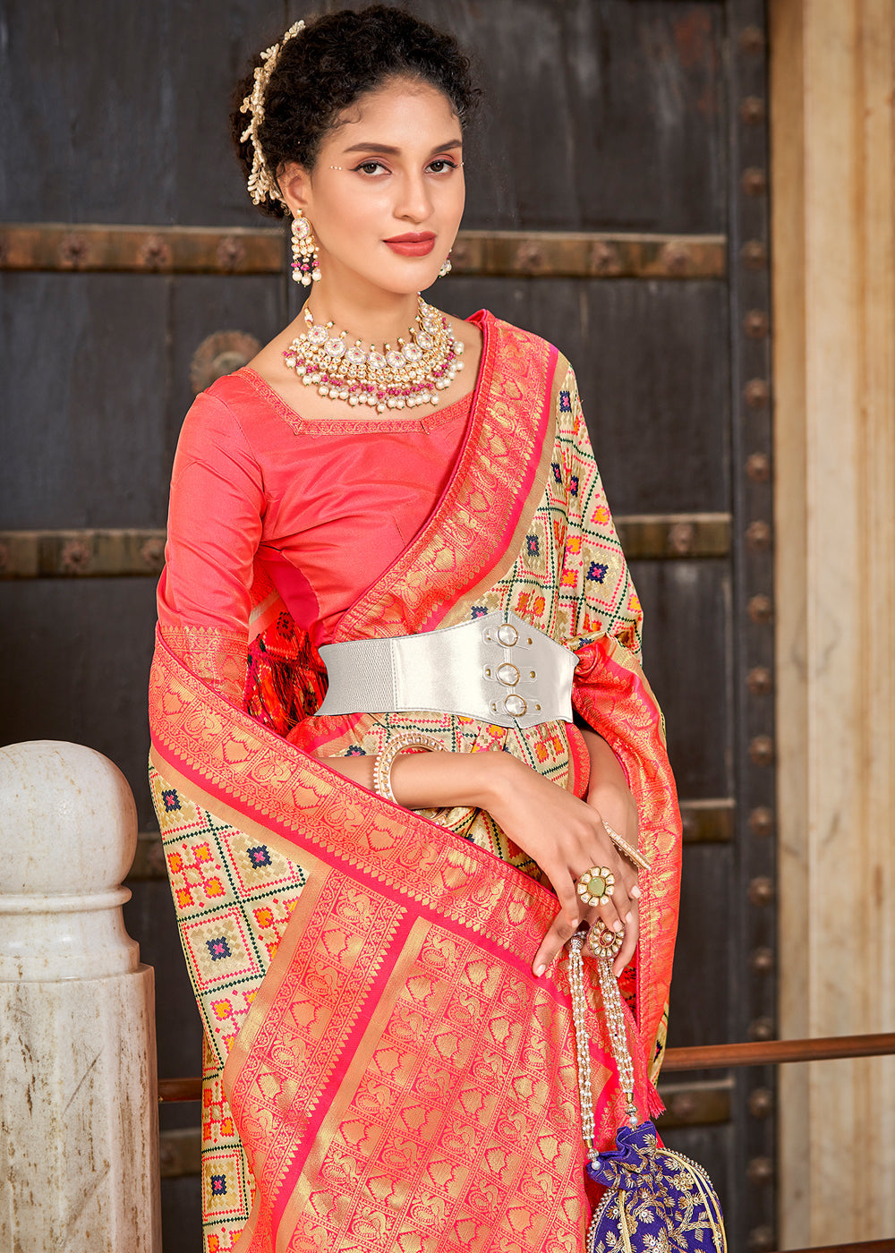 Dairy Cream and Red Zari Woven Patola Saree