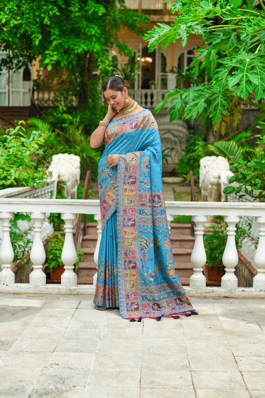 Bean Blue Kashmiri Woven Banarasi Silk Saree