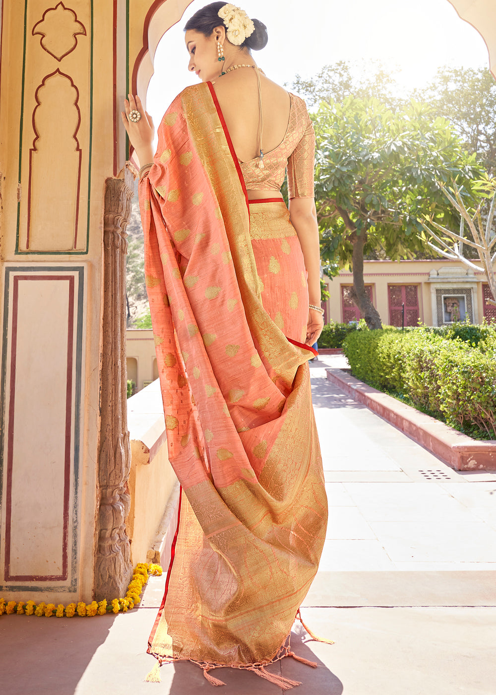 Sienna Peach Zari Woven Banarasi Linen Saree