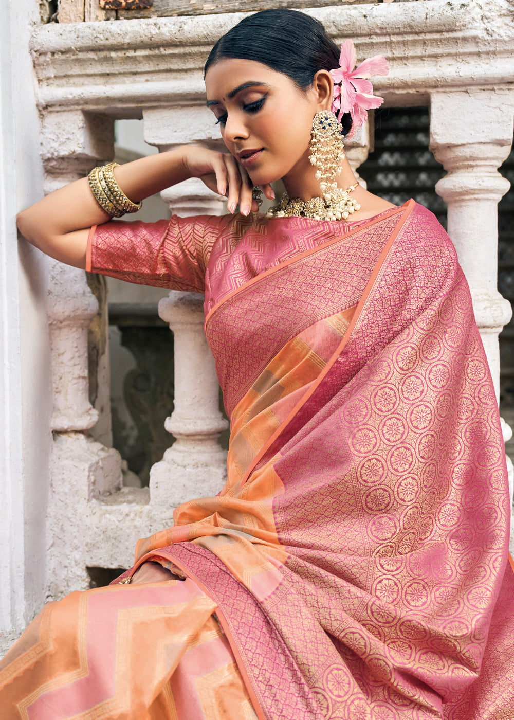 Wewak Pink and Orange Woven Organza Banarasi Silk Saree