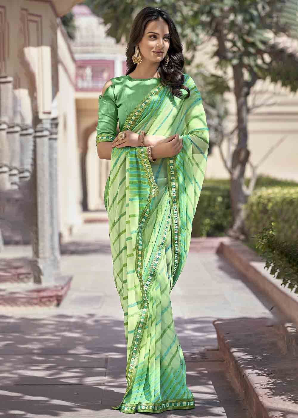 Moss Green Printed Georgette Saree