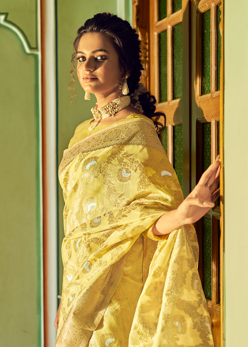 Pearl Yellow Zari Woven Banarasi Linen Saree