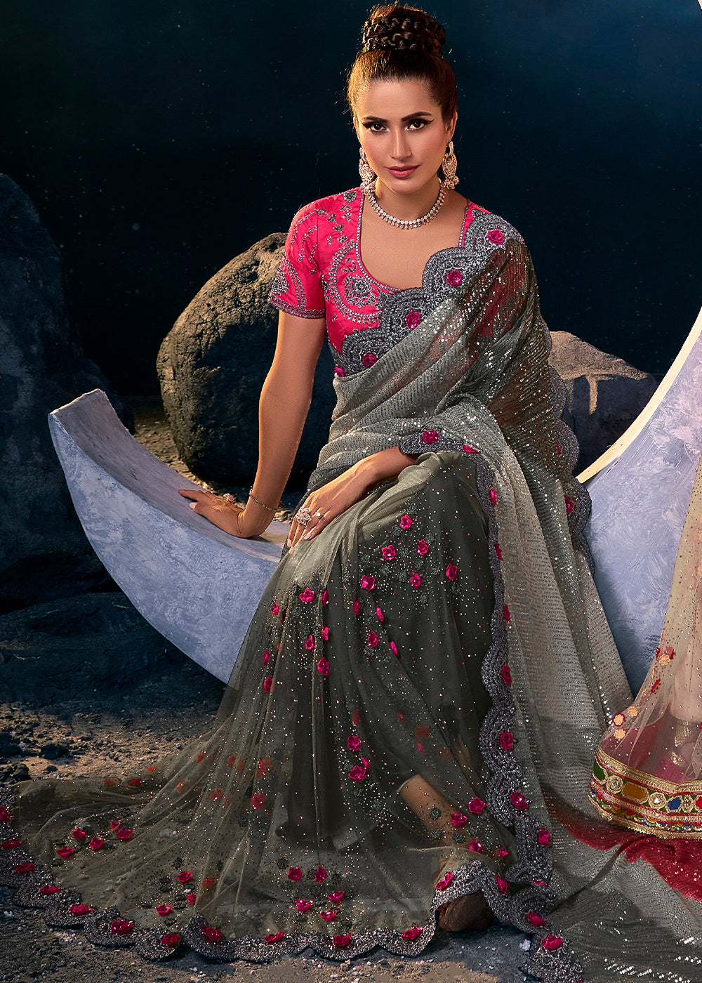 Makara Grey and Pink Designer Silk Saree