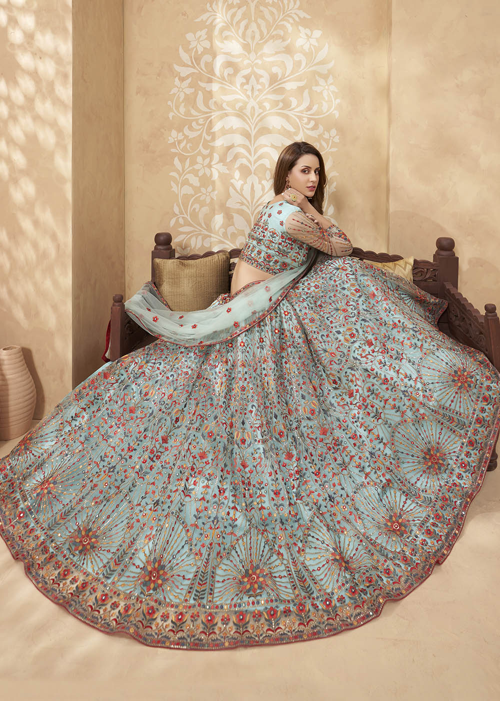 Celeste Blue Designer Net Lehenga with Multi Thread Embroidery Work