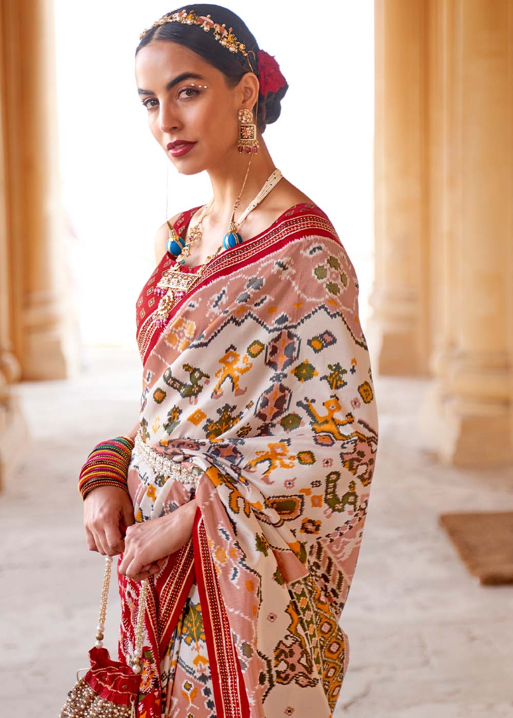 Sisal White and Red Printed Patola Saree