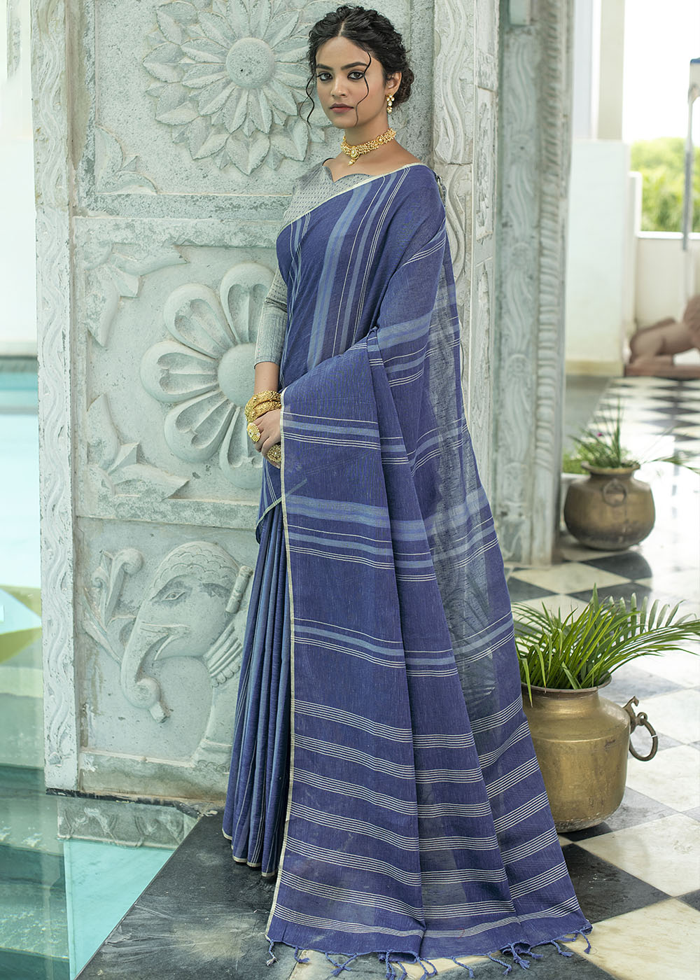 San Juan Blue Zari Woven Striped Linen Saree