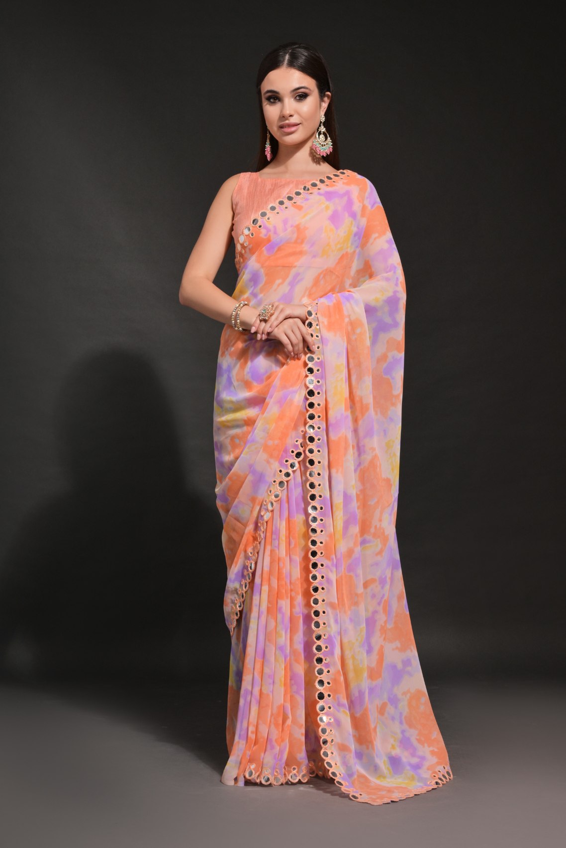 Apricot Orange Printed Georgette Saree