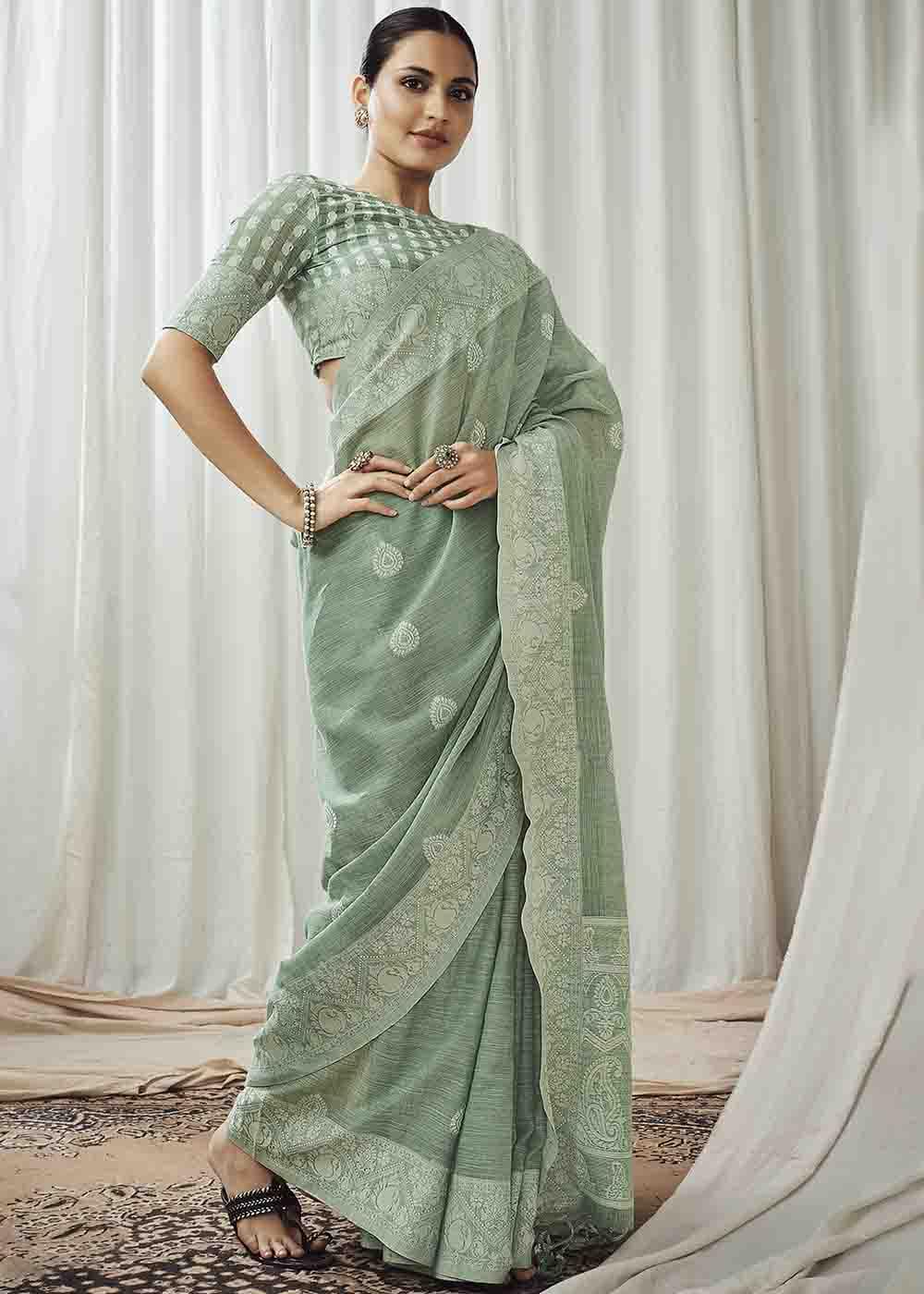 Spanish Green Chikankari Linen Saree