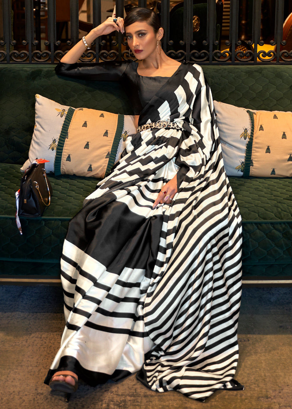 Sisal Black and White Stripes Printed Satin Silk Saree