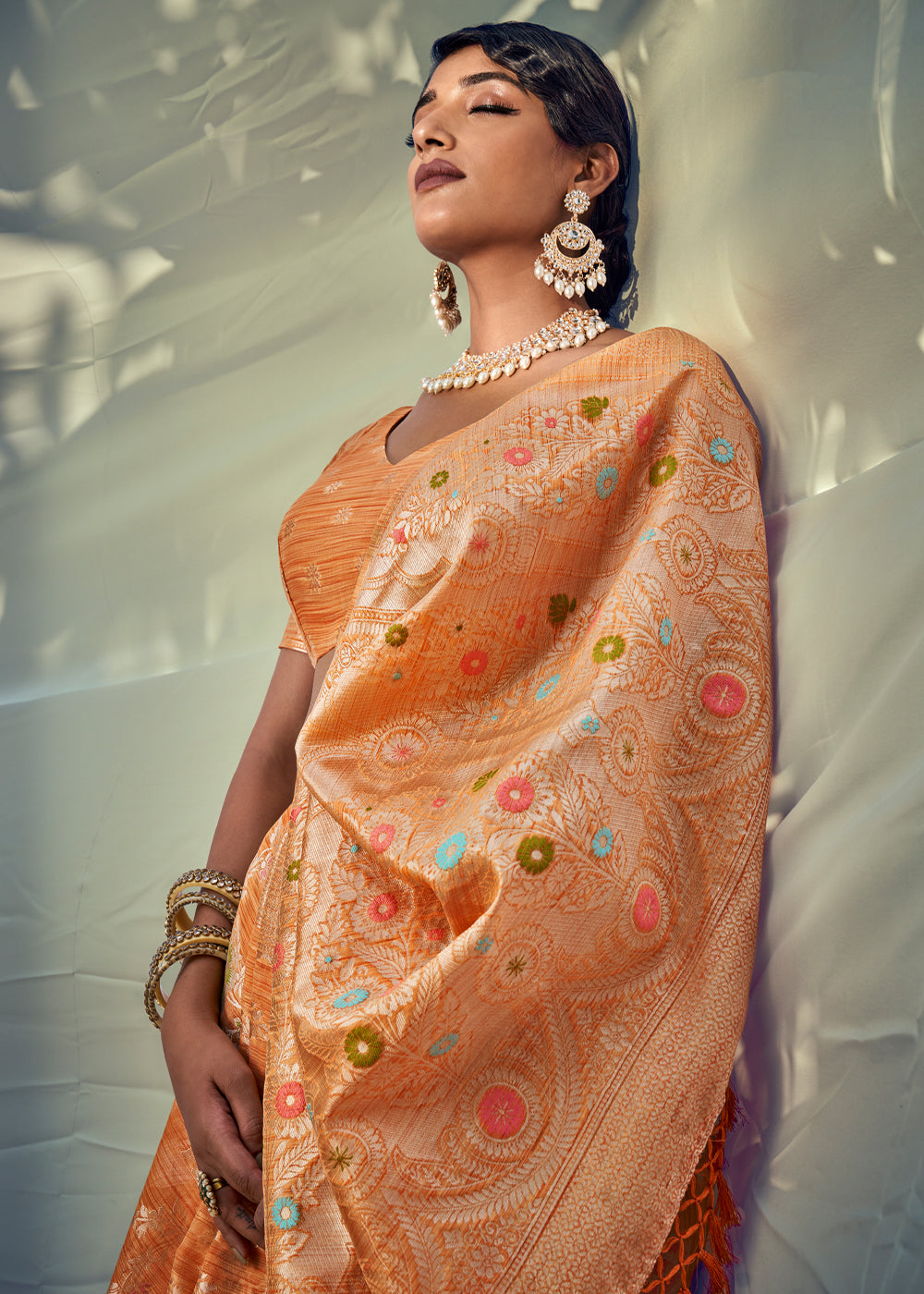 Porsche Orange Zari Woven Banarasi Linen Saree