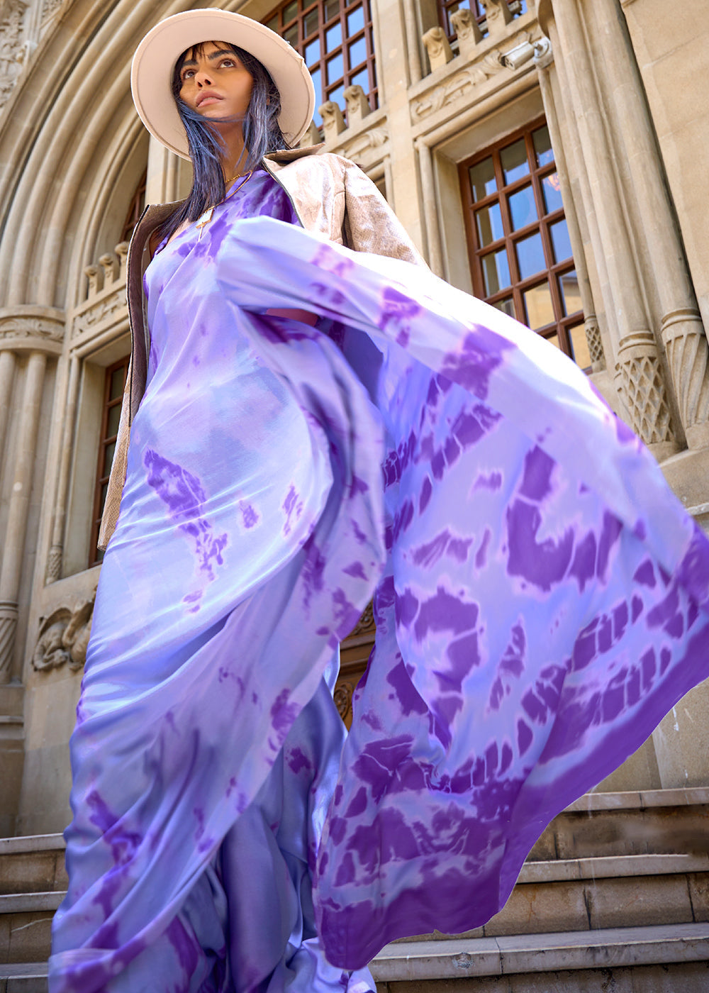 Medium Purple Printed Satin Crepe Sarees