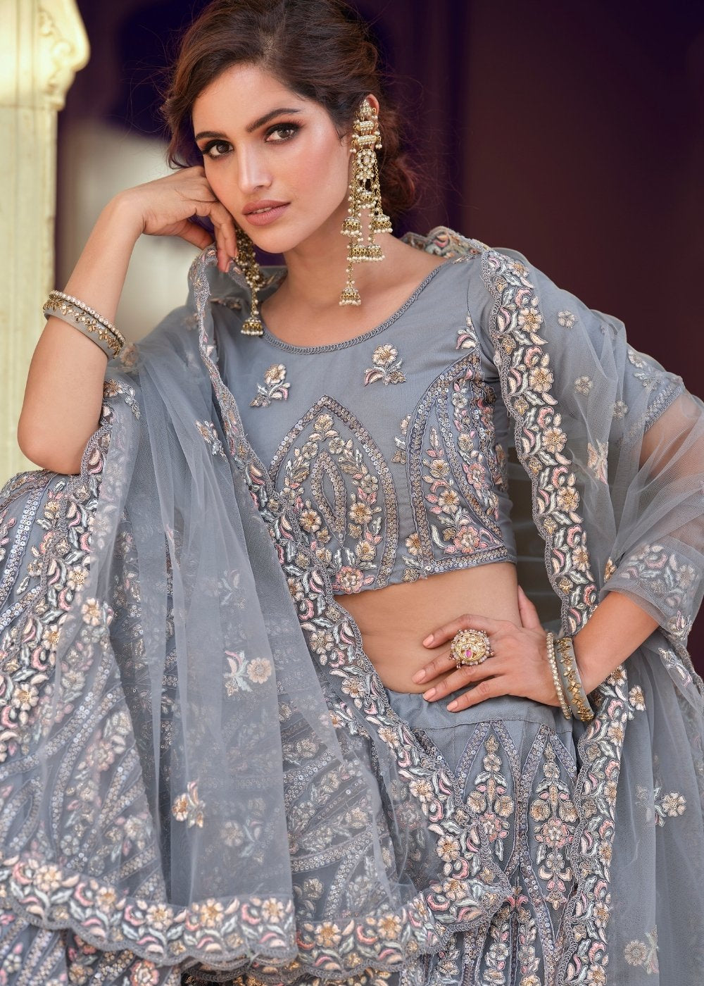 Martini Grey Soft Net Designer Lehenga Choli