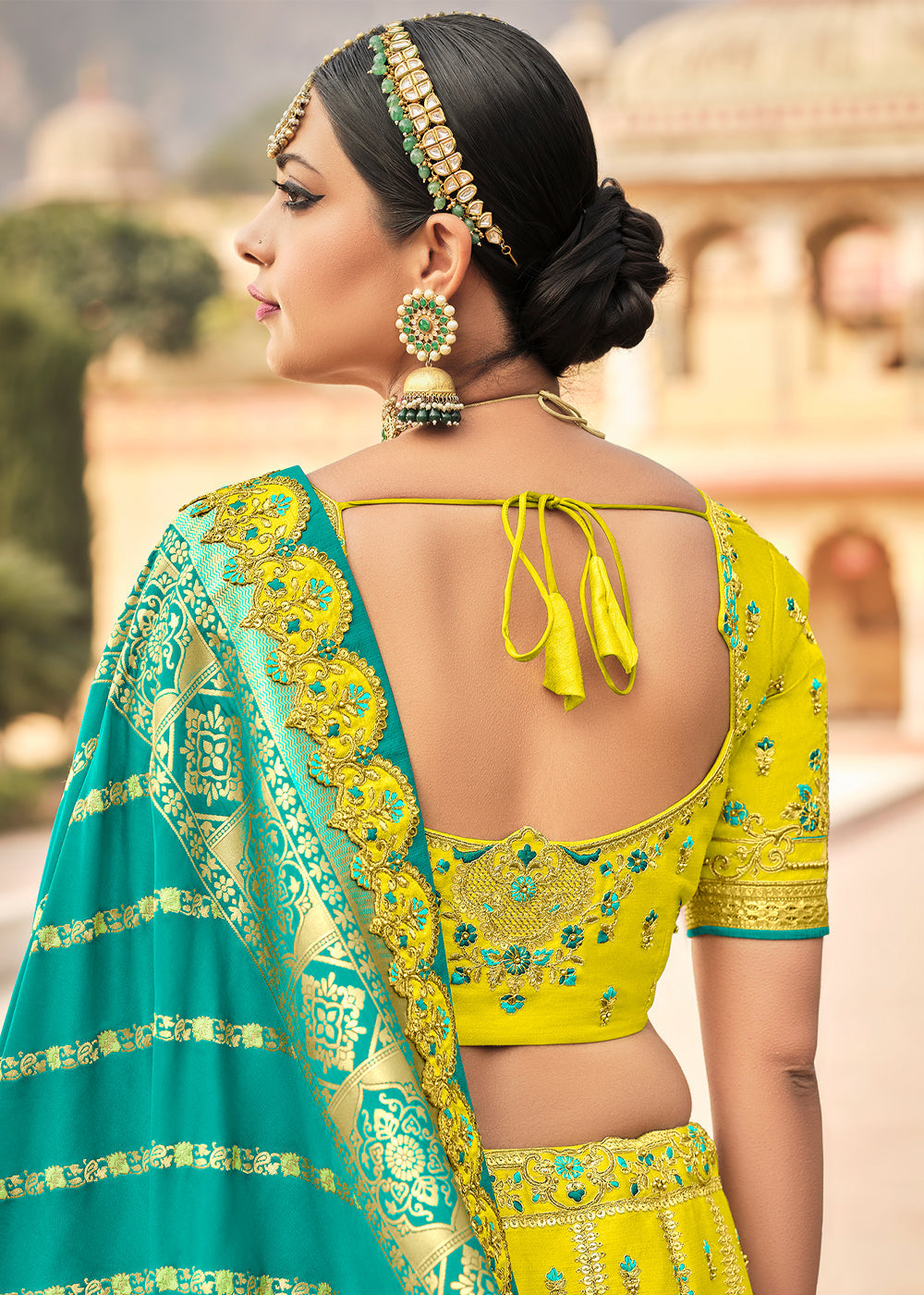 Lemon Yellow and Blue Heavy Designer Embroidered Lehenga