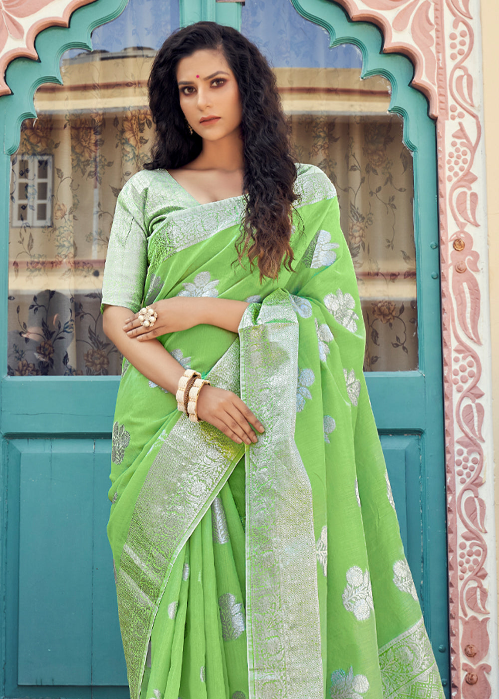 Reef Green Zari Woven Banarasi Linen Saree