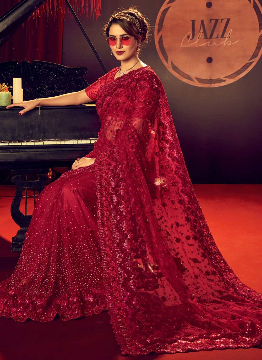 Monarch Red Designer Partywear Saree